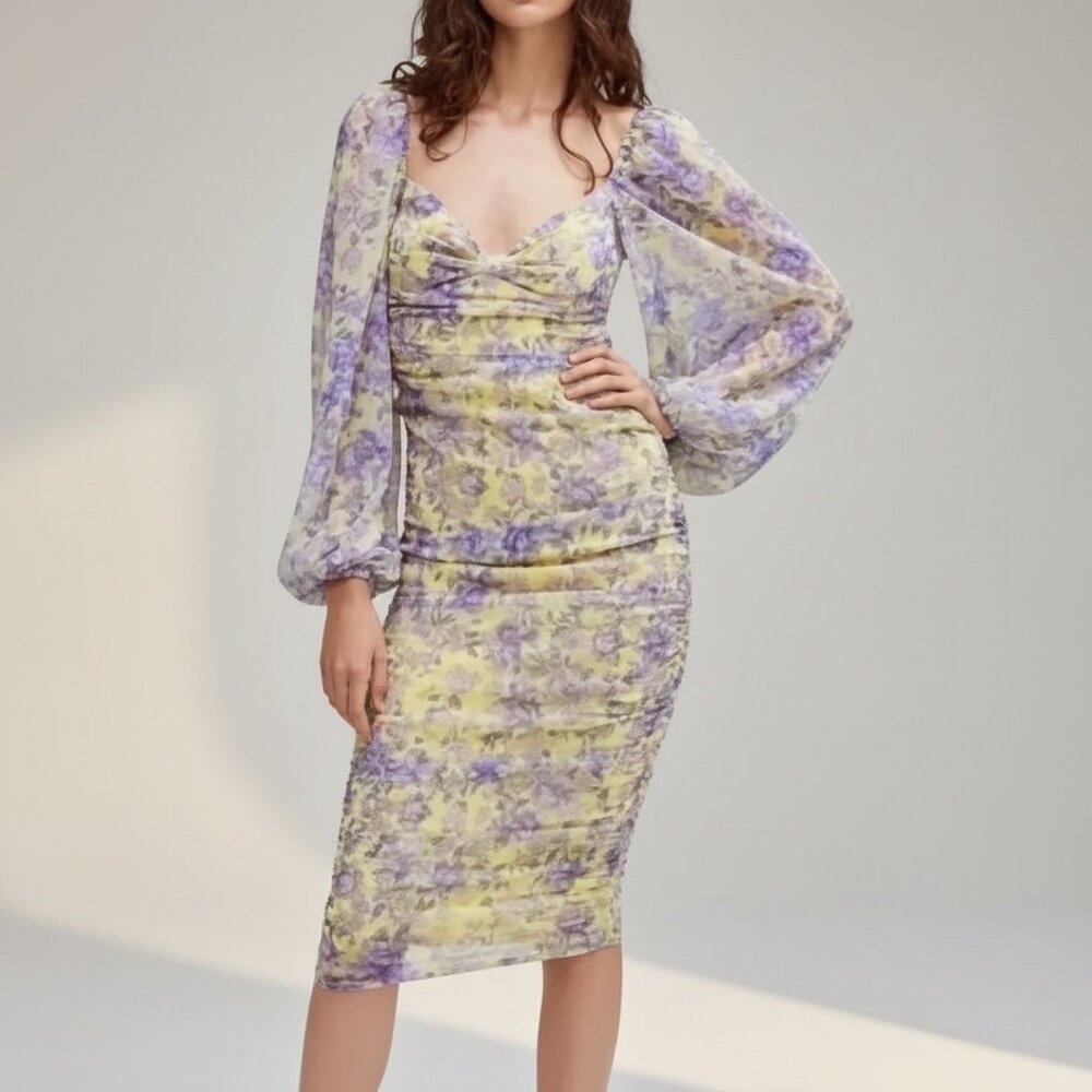 For Love & Lemons Maui Midi Dress NWT Yellow Purple Floral Romantic Size Medium - Picture 2 of 11